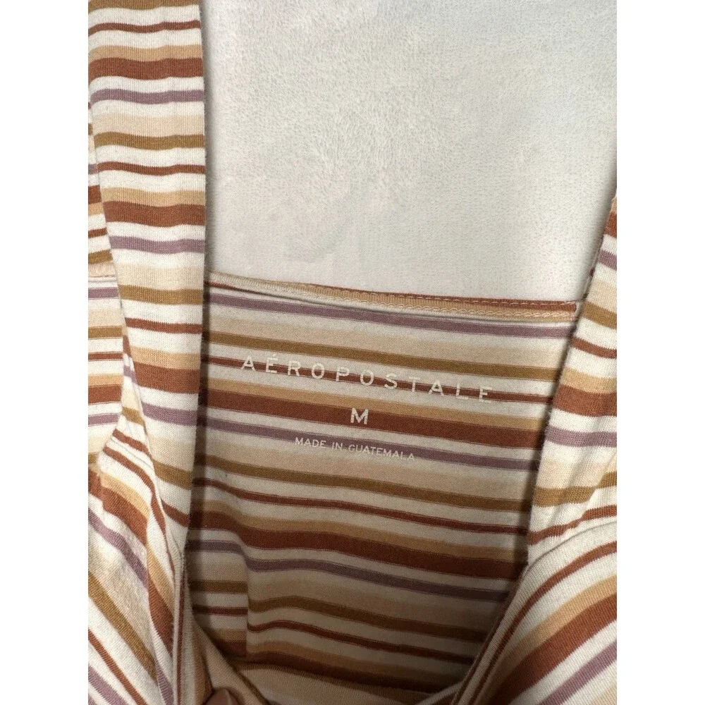 Aeropostale Striped Crop Tank Square Neck Y2K Neutral Fitted Top M - Picture 3 of 6